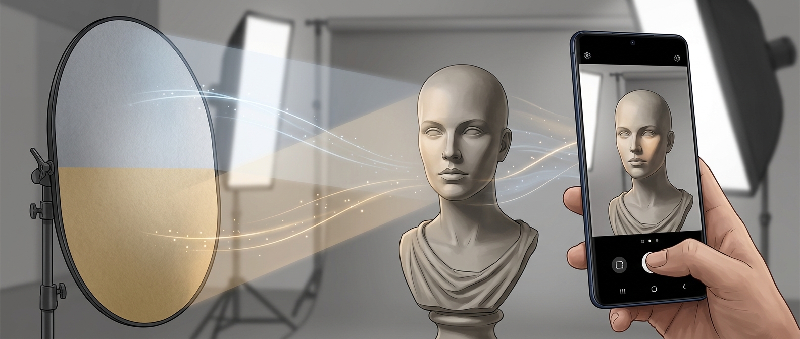 Принцип работы Virtual Reflector в Expert RAW — виртуальный отражатель подсвечивает тени на лице