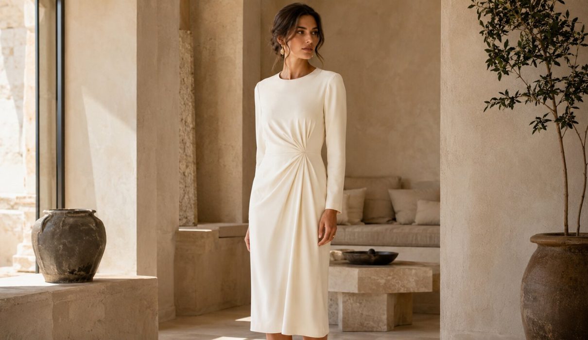 Женщина в элегантном платье цвета айвори в светлом интерьере